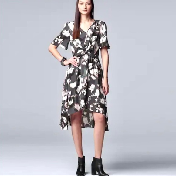 VERA WANG Chiffon pleasant Midi Dress Size L Twist front Asymmetrical Hem Floral - Picture 1 of 10